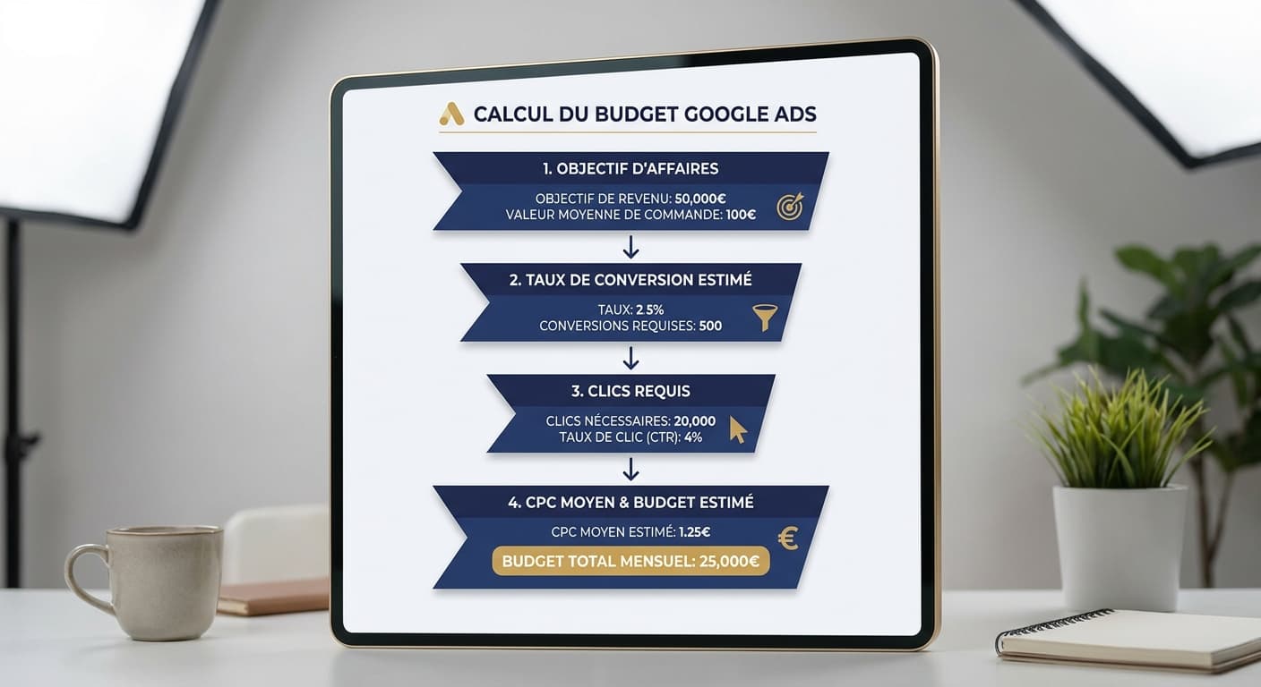 Infographie de la méthode de calcul d'un budget Google Ads en 4 étapes