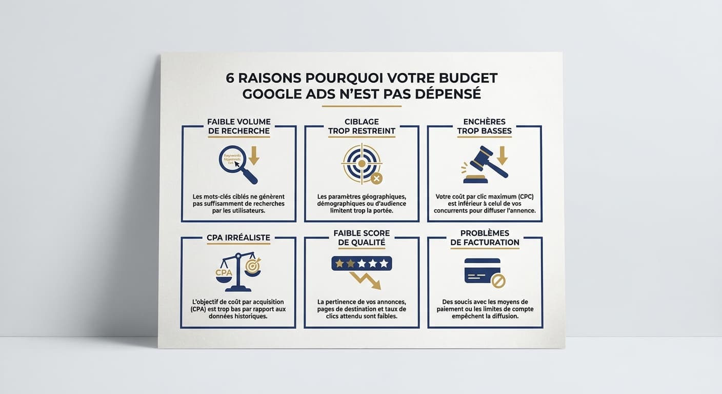 Infographie des 6 causes de sous-consommation d'un budget Google Ads