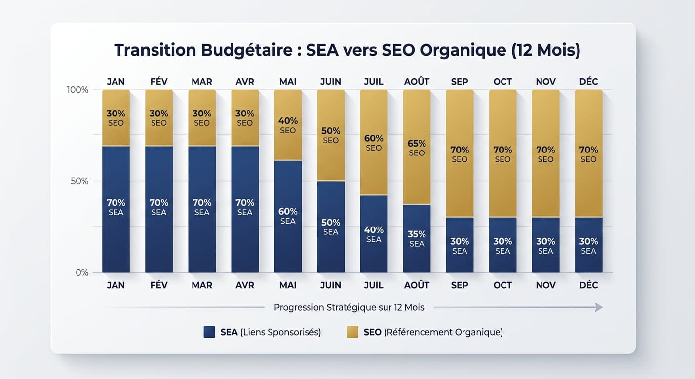 Infographie de la bascule budgétaire entre Google Ads et SEO sur 12 mois