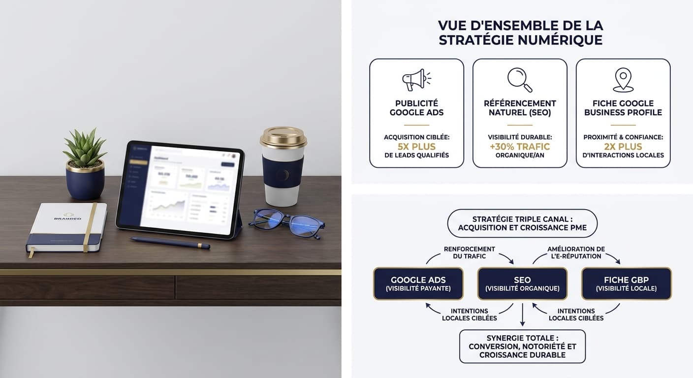 Stratégie combinée Google Ads, SEO et Google Business Profile pour PME