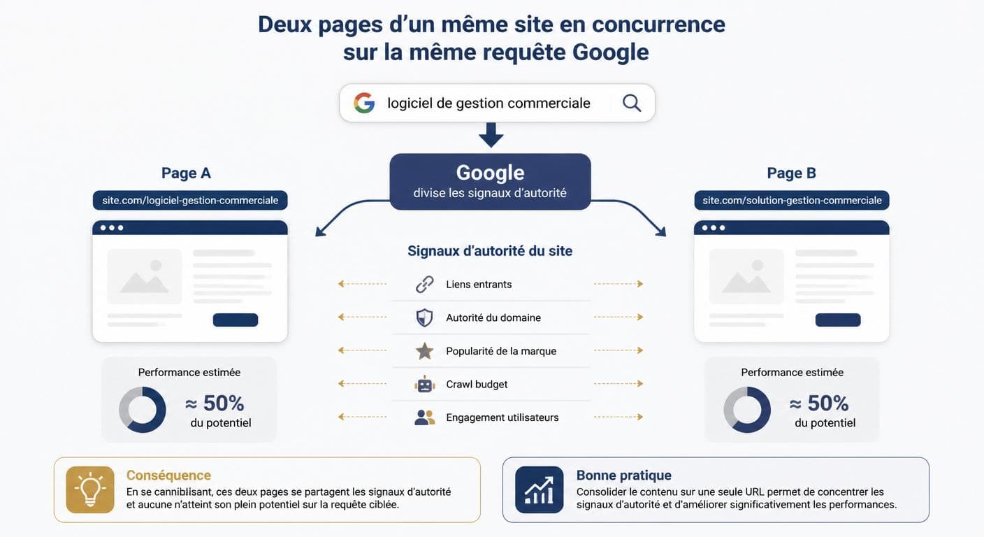 Schéma illustrant deux pages d'un même site qui se concurrencent sur la même requête Google
