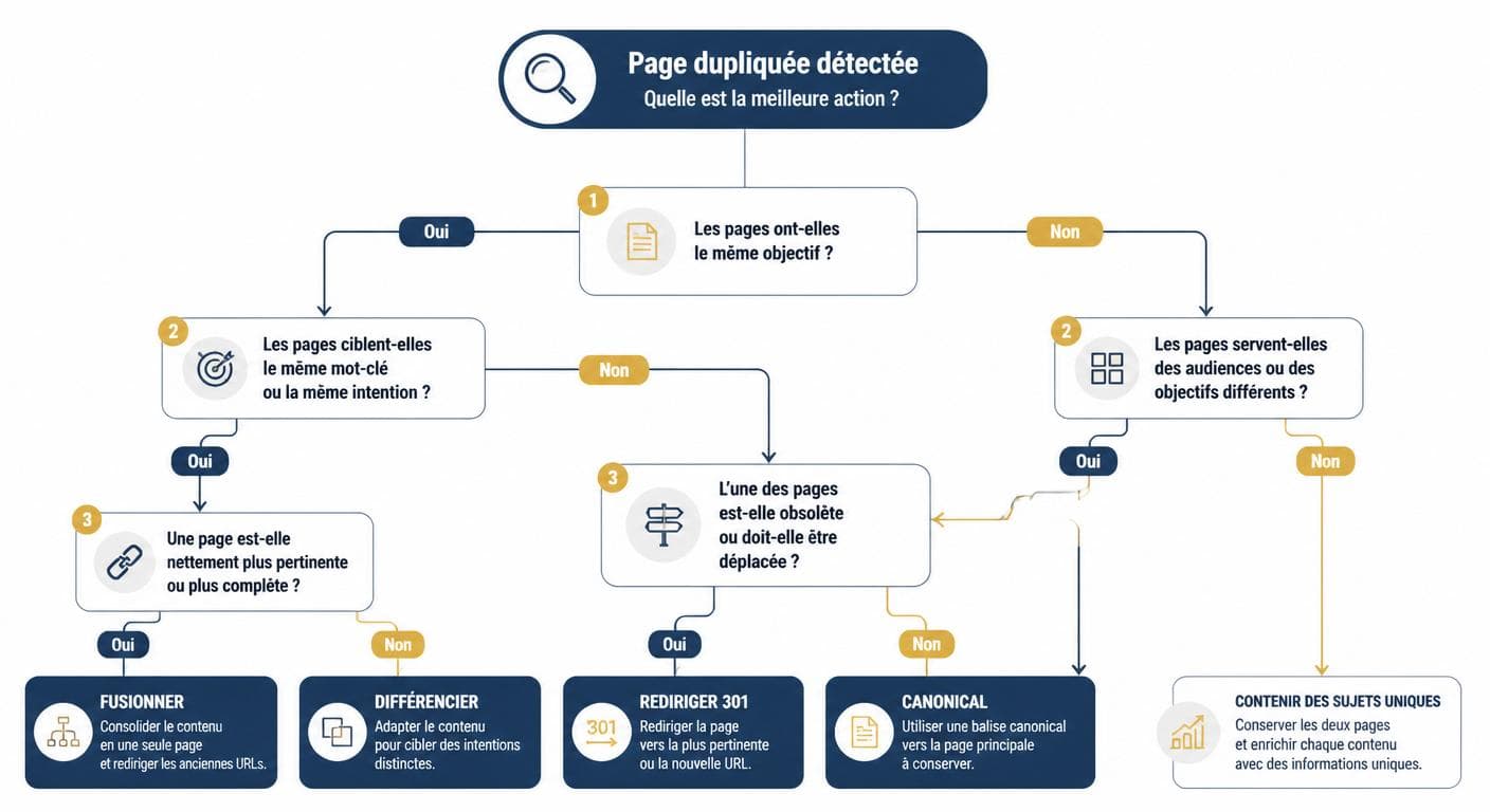 Arbre de décision pour corriger une cannibalisation SEO entre quatre options