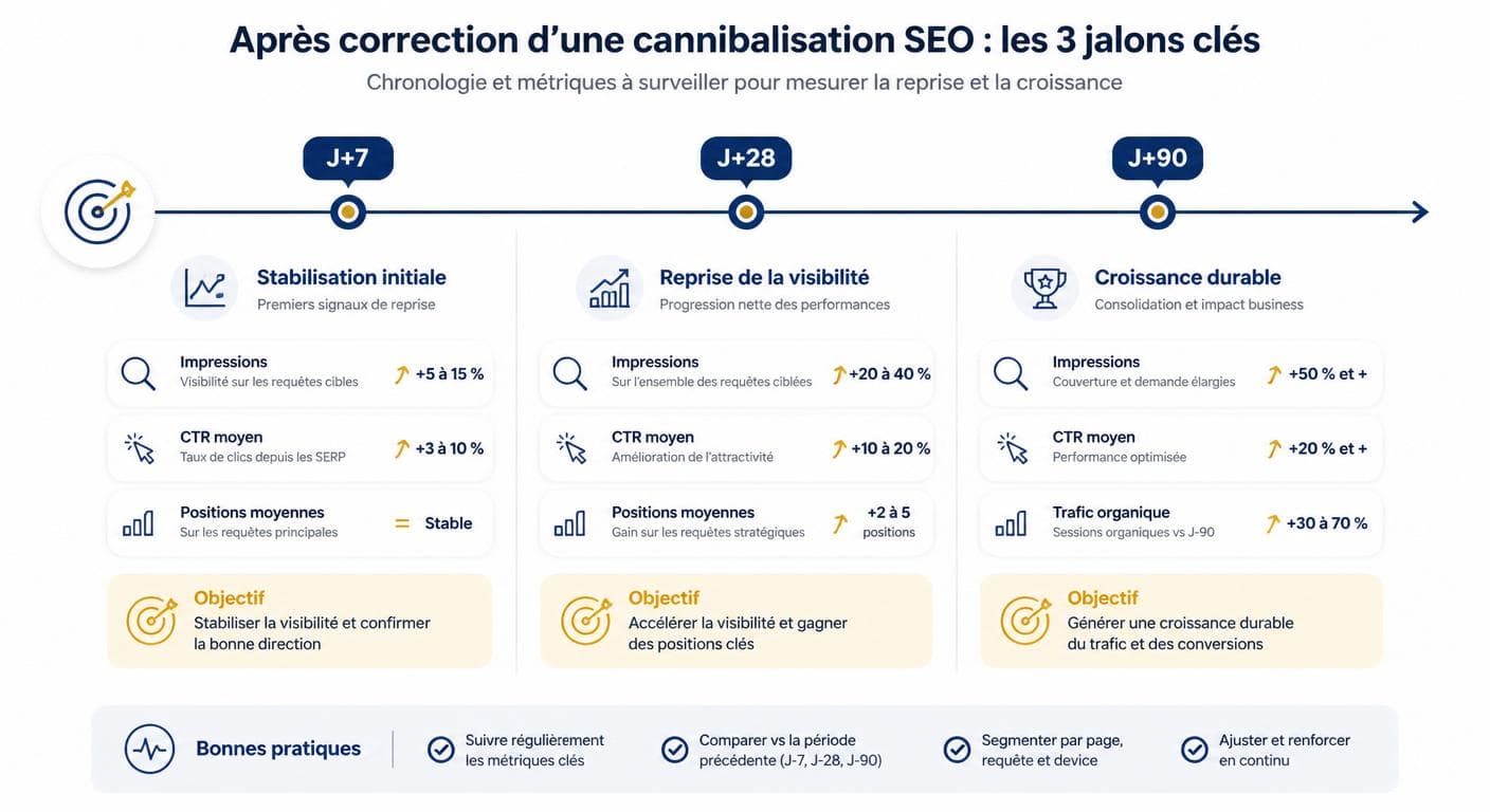 Calendrier de suivi des KPI à J+7, J+28 et J+90 après correction de cannibalisation SEO