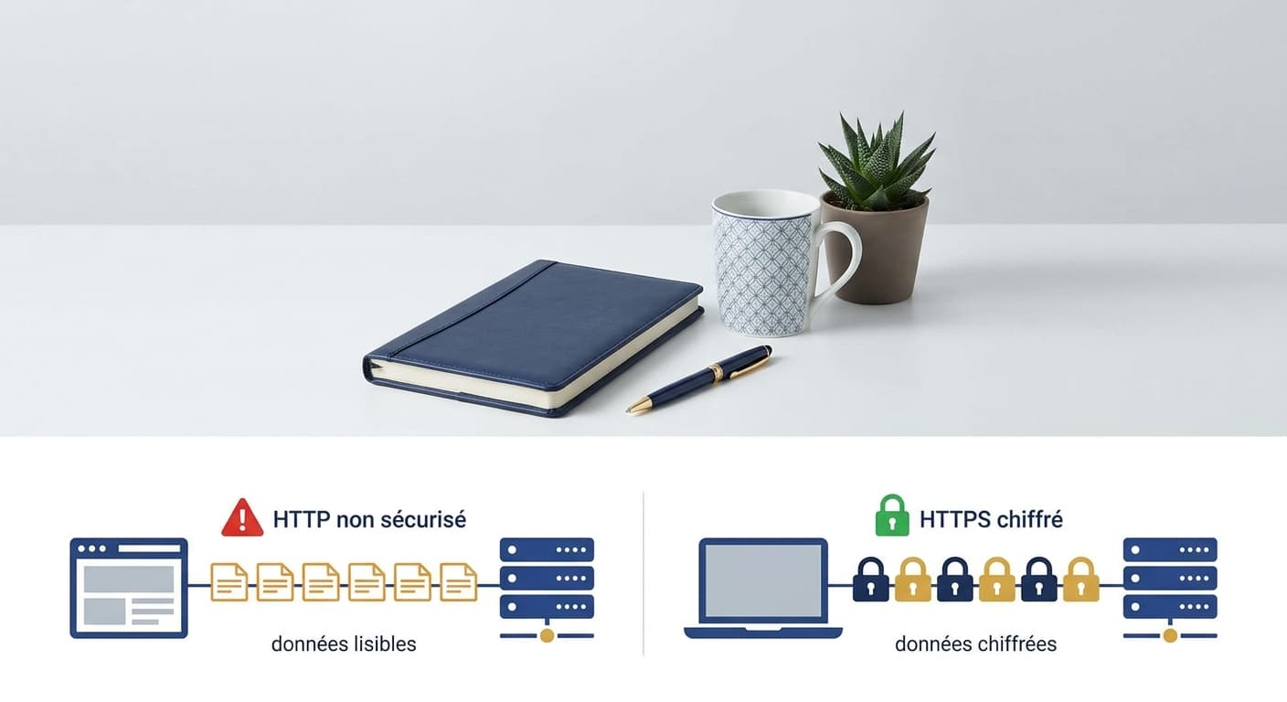 Schéma comparatif d'une connexion HTTP non sécurisée et d'une connexion HTTPS chiffrée par certificat SSL gratuit