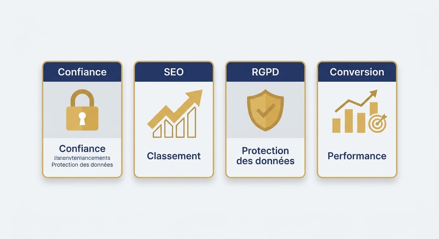 Infographie listant les quatre raisons d'activer un certificat HTTPS gratuit sur son site
