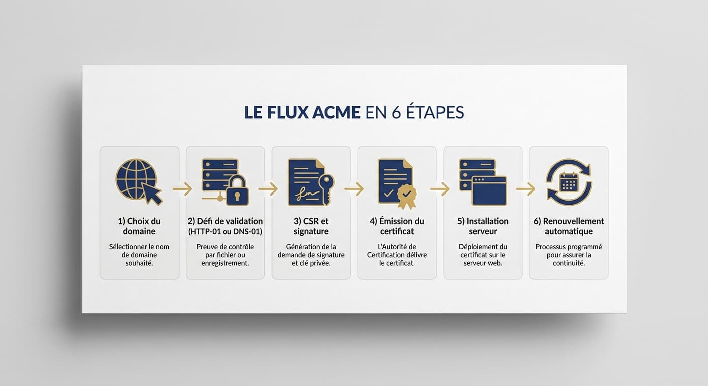 Schéma des étapes pour obtenir un certificat SSL gratuit via le protocole ACME