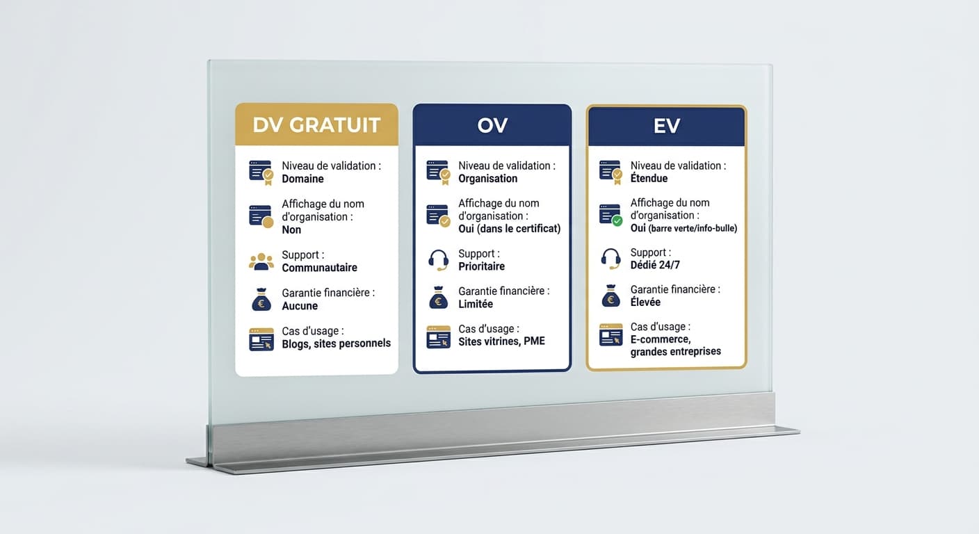 Tableau comparatif entre les certificats DV gratuits, OV et EV pour choisir selon son activité