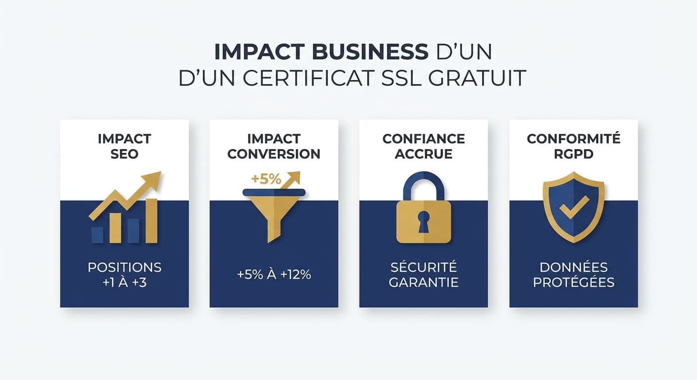 Infographie résumant l'impact business d'un certificat SSL gratuit sur le SEO et la confiance client