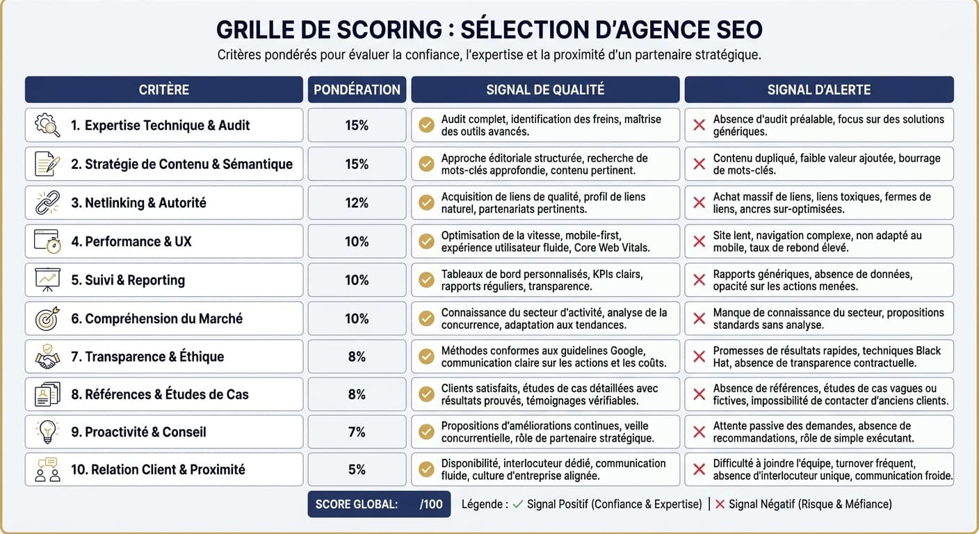 Grille de notation pondérée des dix critères de sélection d'une agence SEO