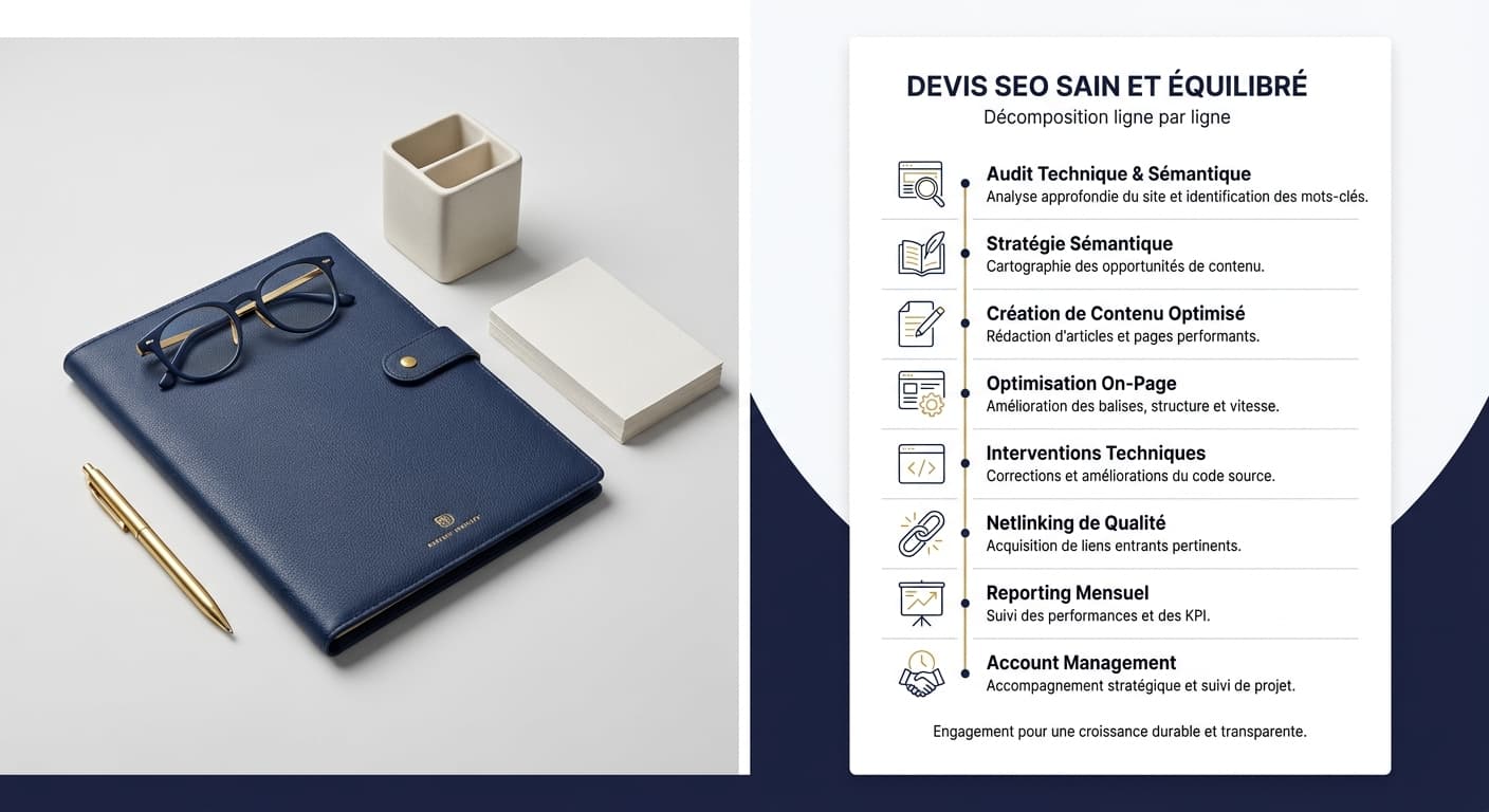 Structure détaillée d'un devis SEO sain ligne par ligne