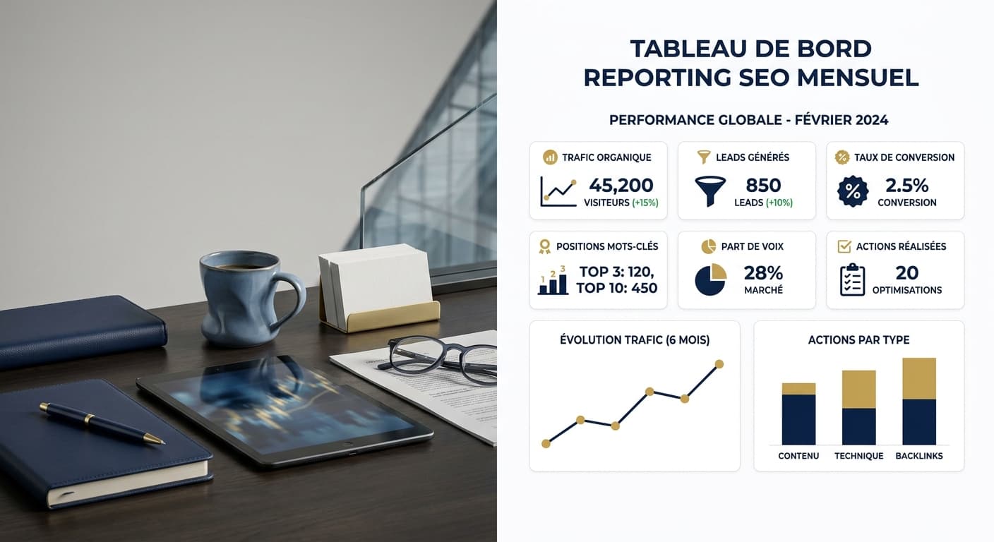Tableau de bord mensuel de reporting SEO avec KPI business