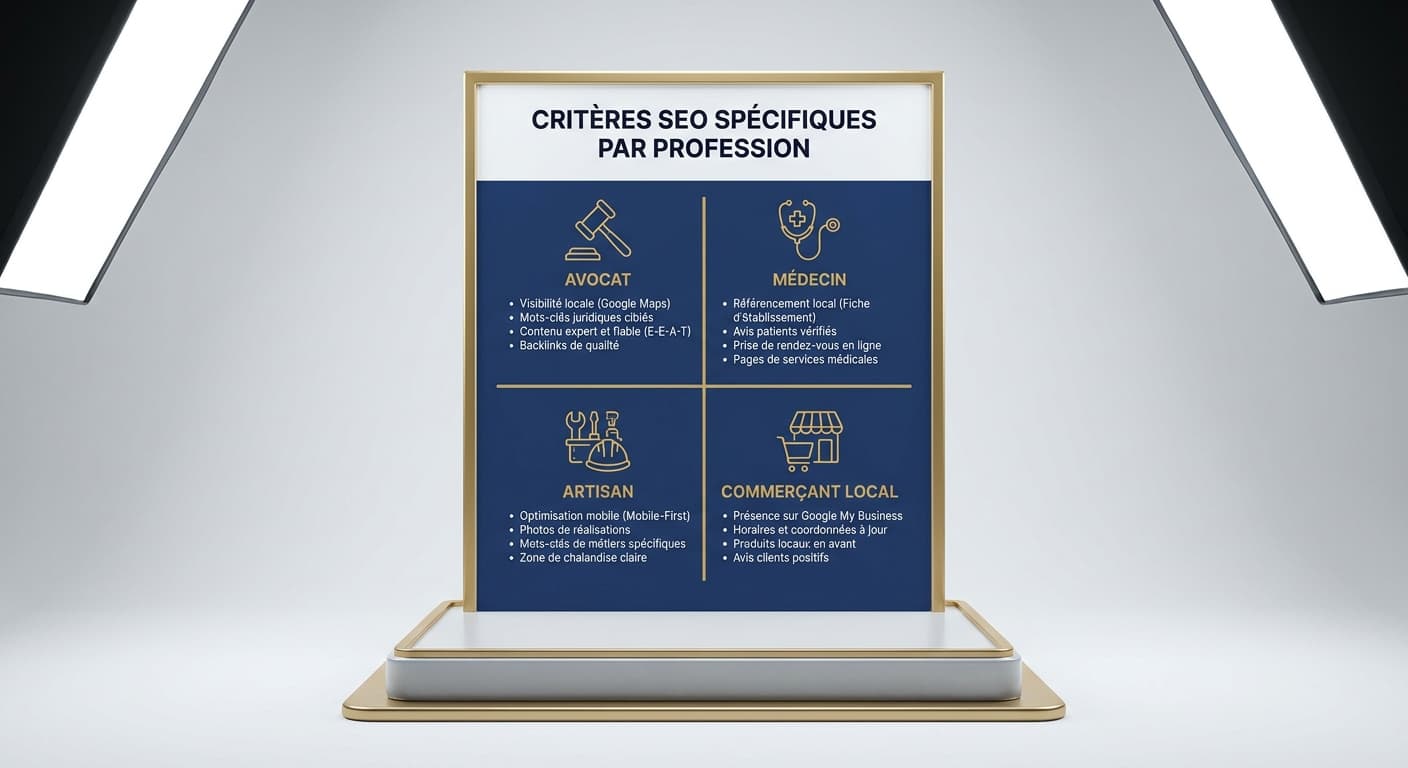 Critères SEO spécifiques par profession : avocat, médecin, artisan, commerçant