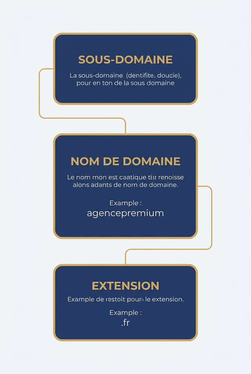 Infographie expliquant l'anatomie d'un nom de domaine : sous-domaine, nom et extension