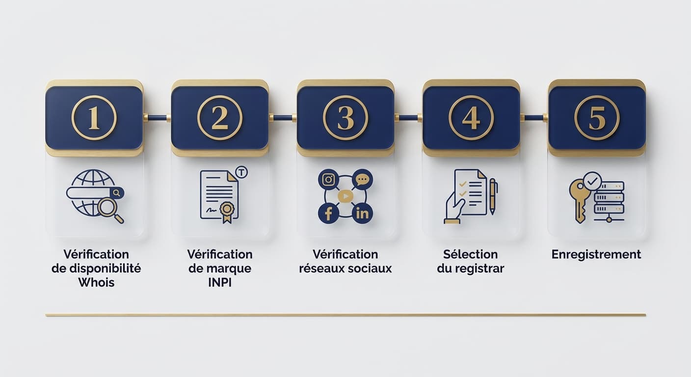 Infographie du processus de dépôt d'un nom de domaine en 5 étapes