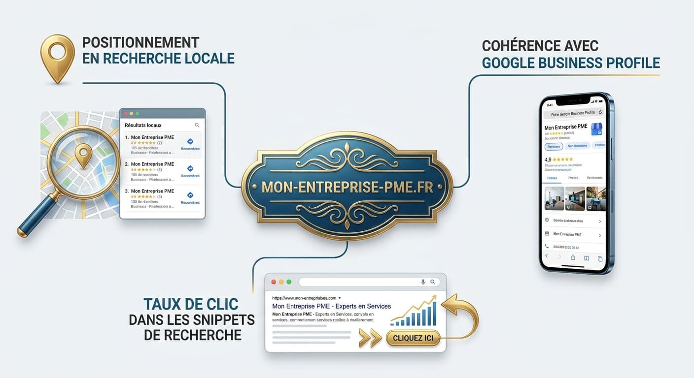 Infographie expliquant le rôle du nom de domaine dans le référencement local