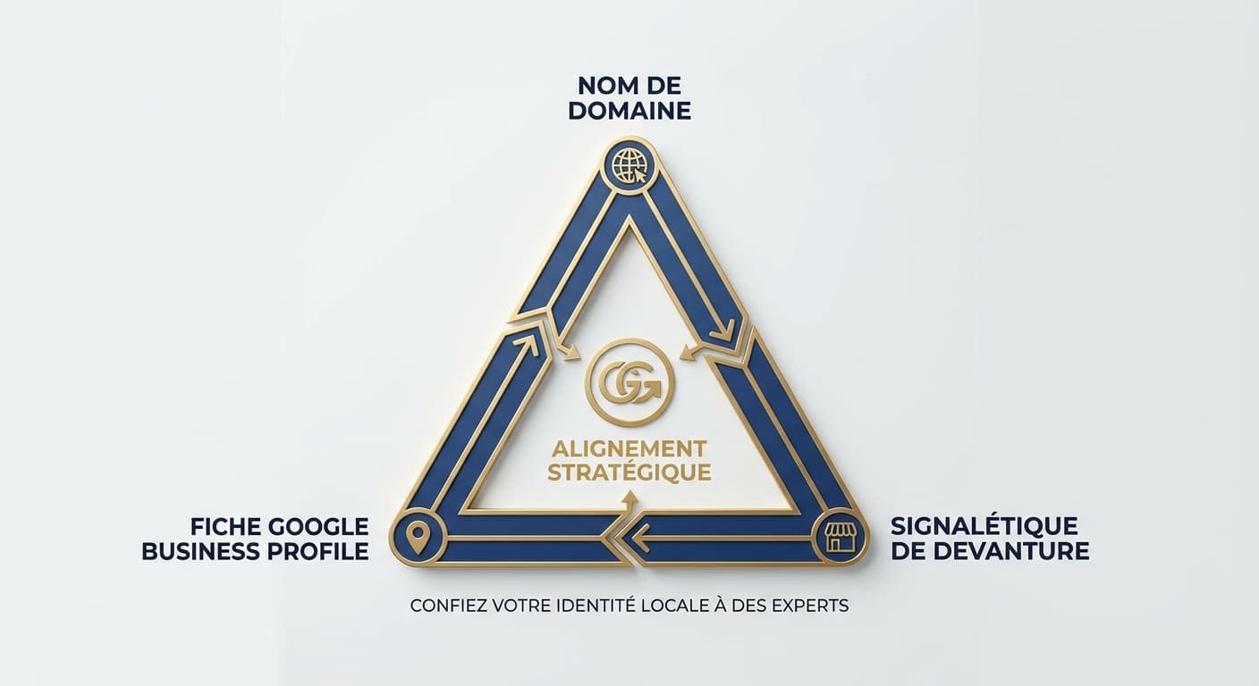 Schéma de cohérence entre nom de domaine, fiche Google Business Profile et signalétique physique