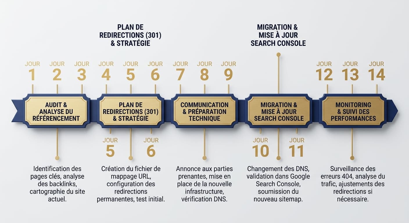 Infographie de la roadmap de migration de nom de domaine en 14 jours
