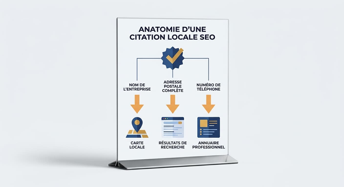Infographie présentant l'anatomie d'une citation locale SEO avec le triptyque NAP