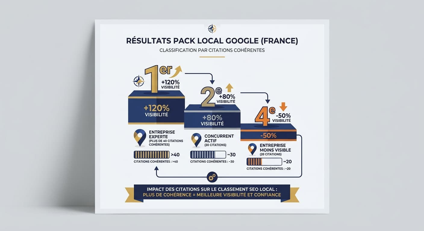 Infographie comparant l'impact d'un volume de citations cohérentes sur le classement Google local