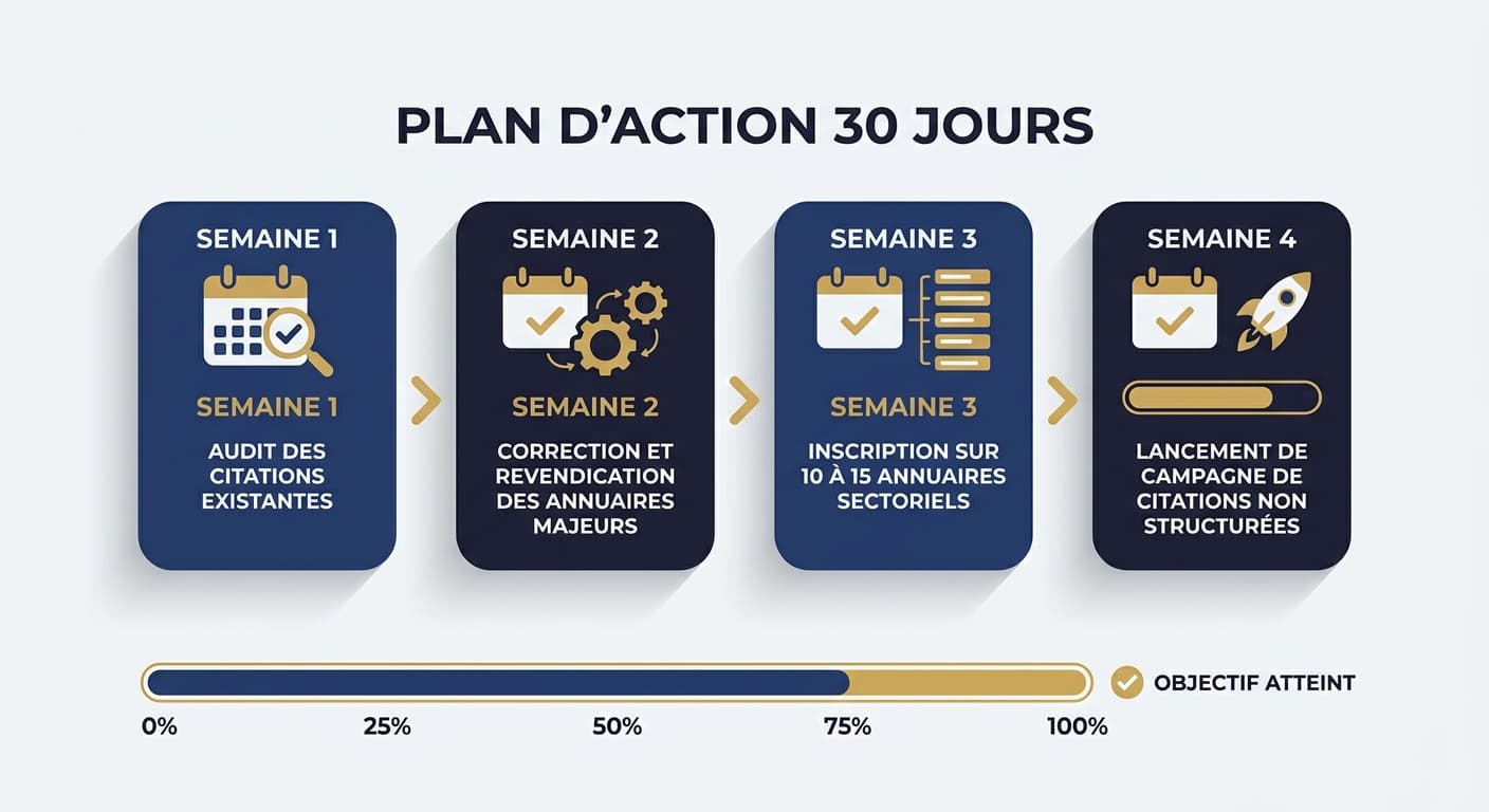 Infographie chronologique du plan d'action 30 jours pour construire ses citations locales
