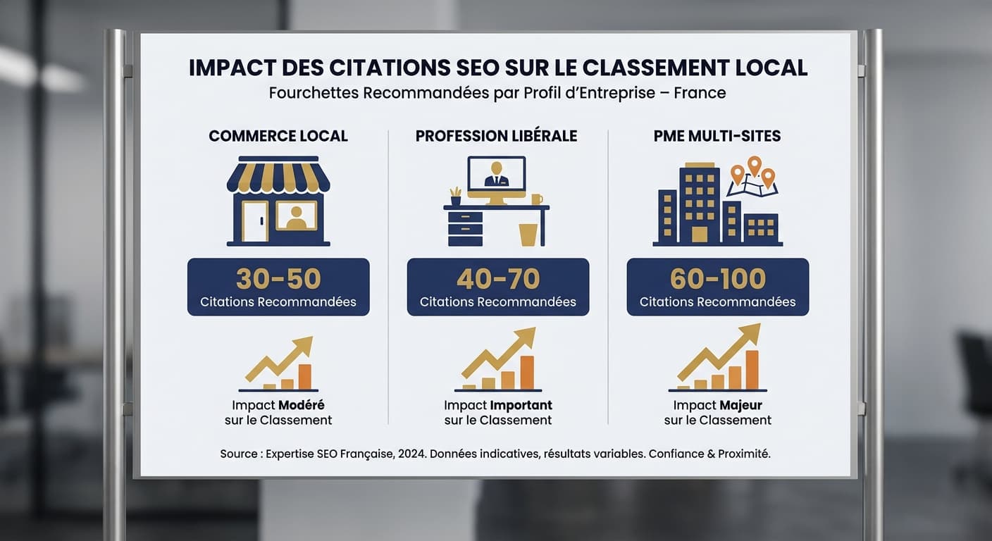 Infographie indiquant le nombre de citations locales recommandé selon le profil d'entreprise