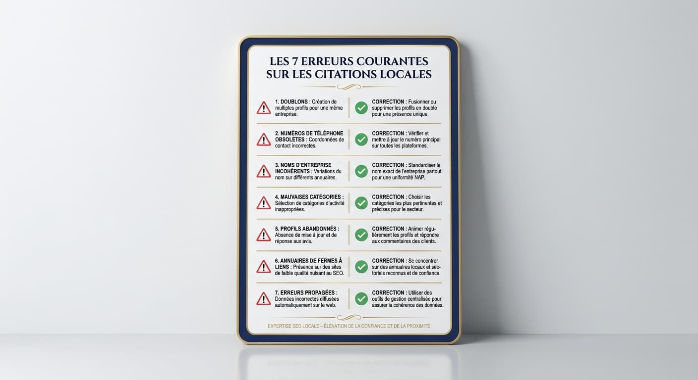 Infographie illustrant les sept erreurs les plus fréquentes sur les citations locales et leurs corrections