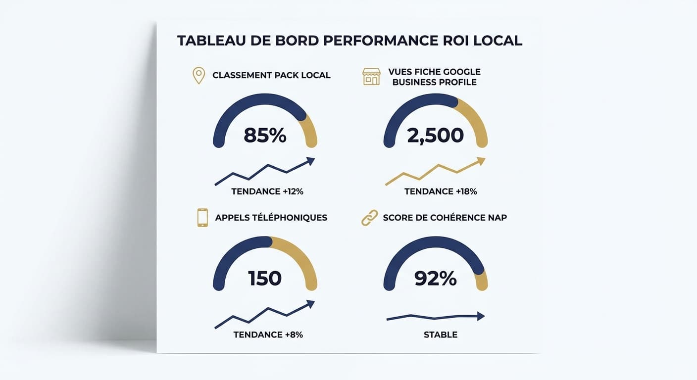 Infographie présentant un tableau de bord des indicateurs de retour sur investissement des citations locales