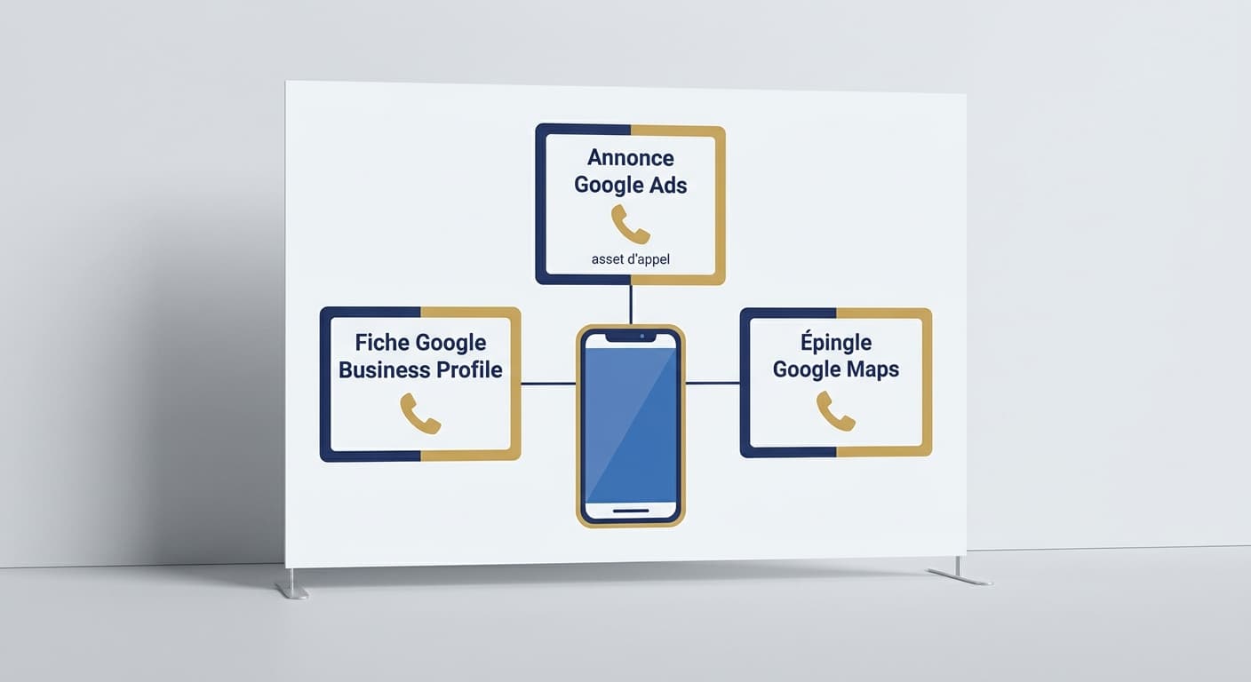 Schéma des trois emplacements du click to call sur Google