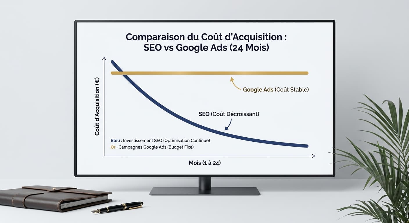 Évolution comparée du coût d'acquisition SEO et Google Ads sur 24 mois