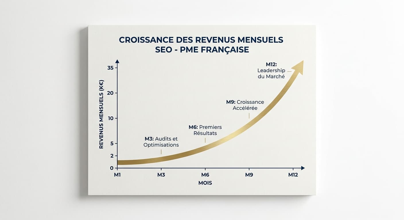 Courbe en J des revenus mensuels générés par le référencement naturel sur 12 mois
