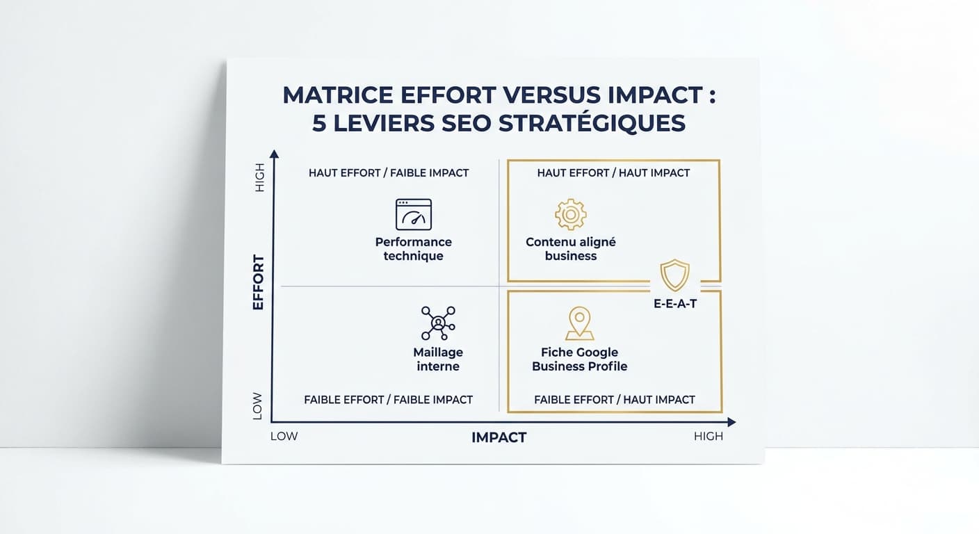 Matrice effort-impact des cinq leviers SEO les plus rentables pour une PME