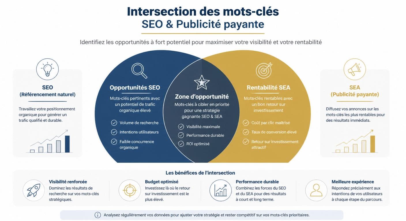 Diagramme illustrant l'intersection entre mots-clés SEO et mots-clés publicité rentables