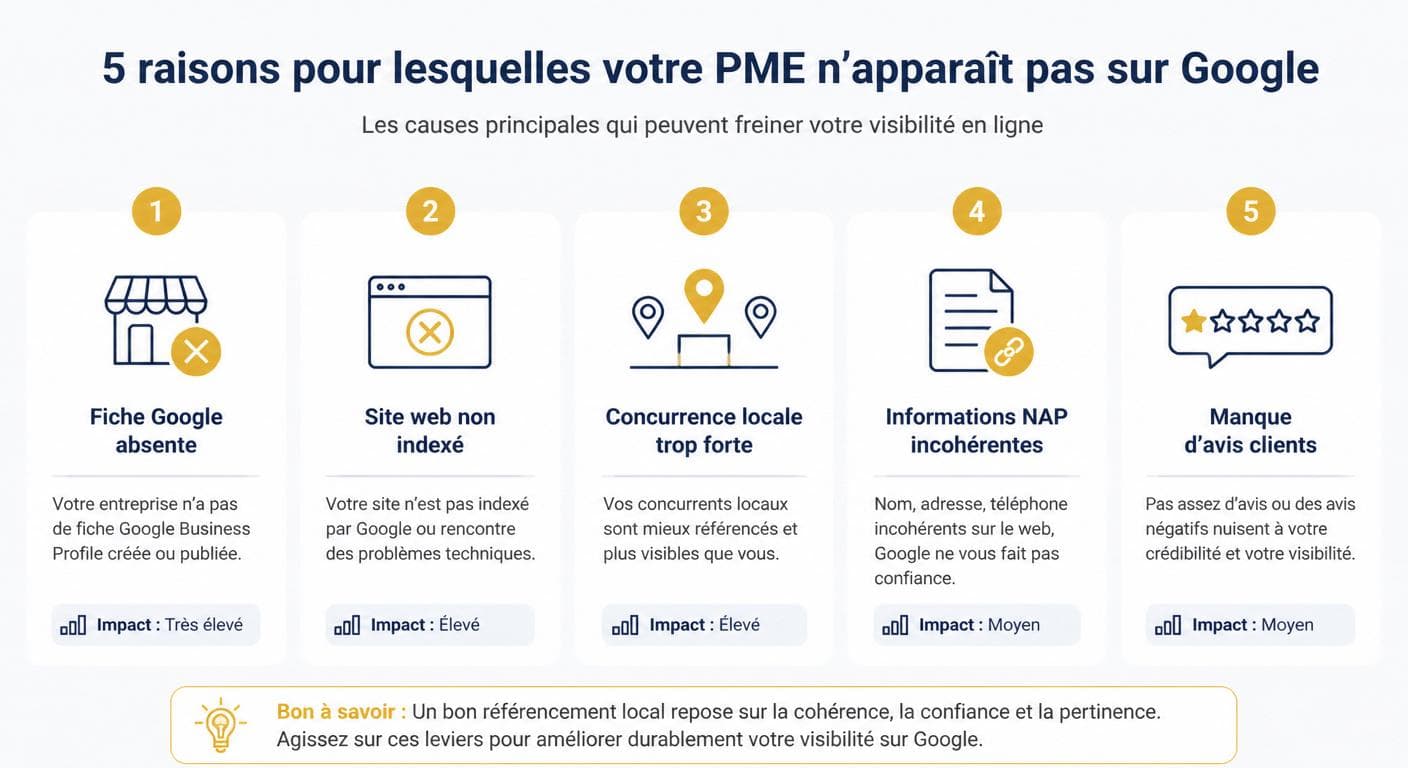 Infographie des 5 raisons pour lesquelles une entreprise n'apparaît pas sur Google