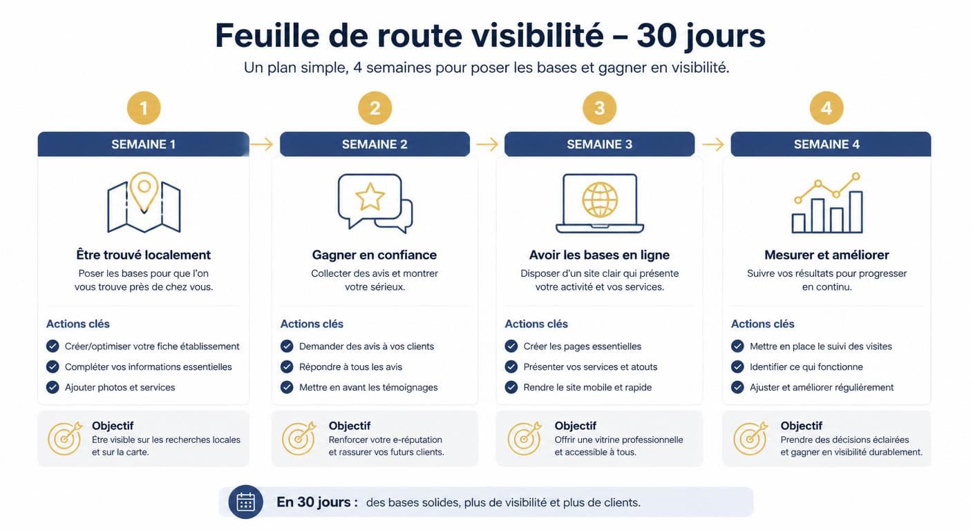 Infographie de la feuille de route 30 jours pour apparaître sur Google avec un petit budget