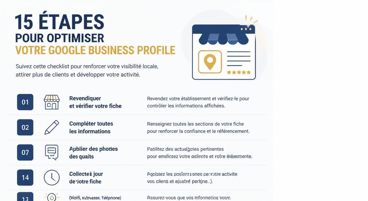 Checklist visuelle des 15 points d'optimisation d'une fiche Google Business Profile