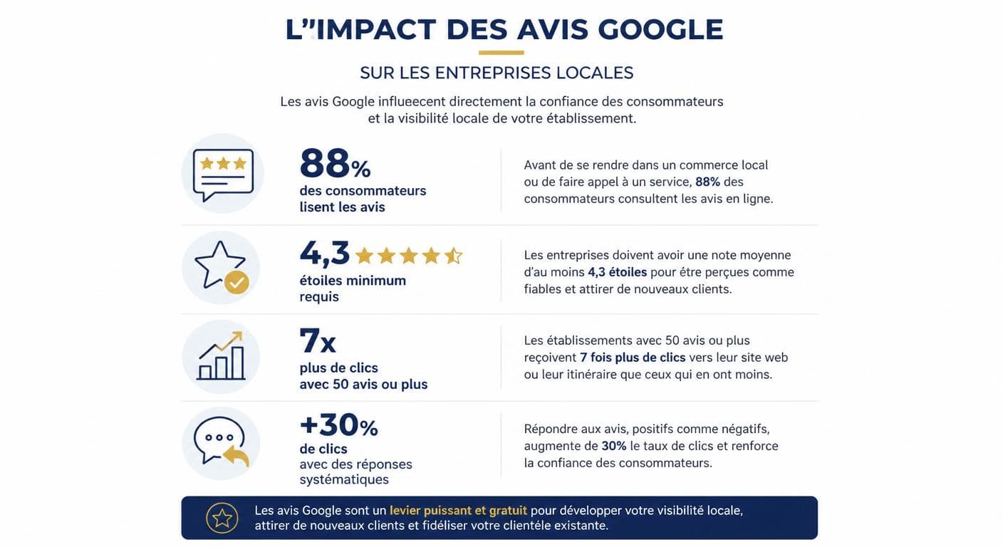 Infographie sur l'impact des avis Google avec chiffres clés pour les entreprises locales