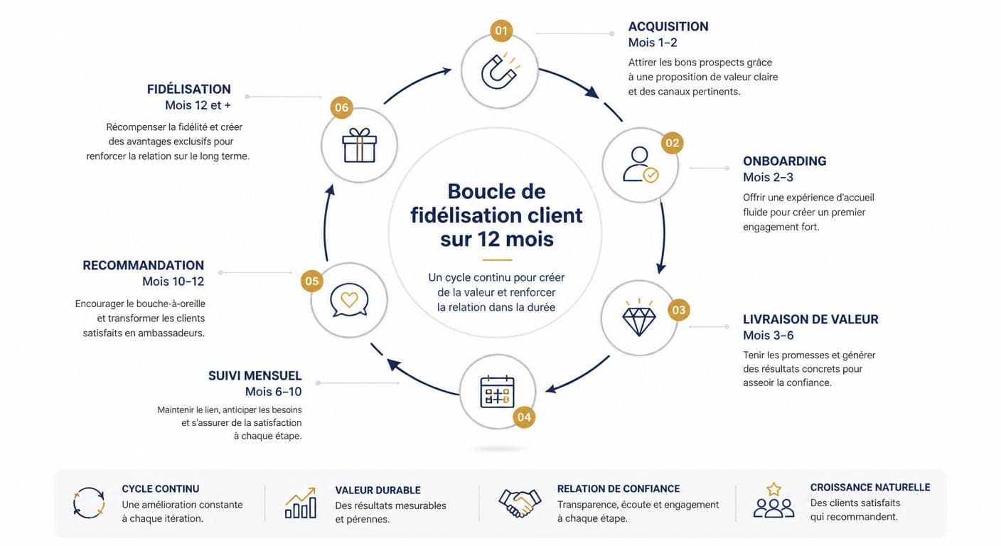 Schéma circulaire de la boucle de fidélisation client sur 12 mois avec touchpoints mensuels