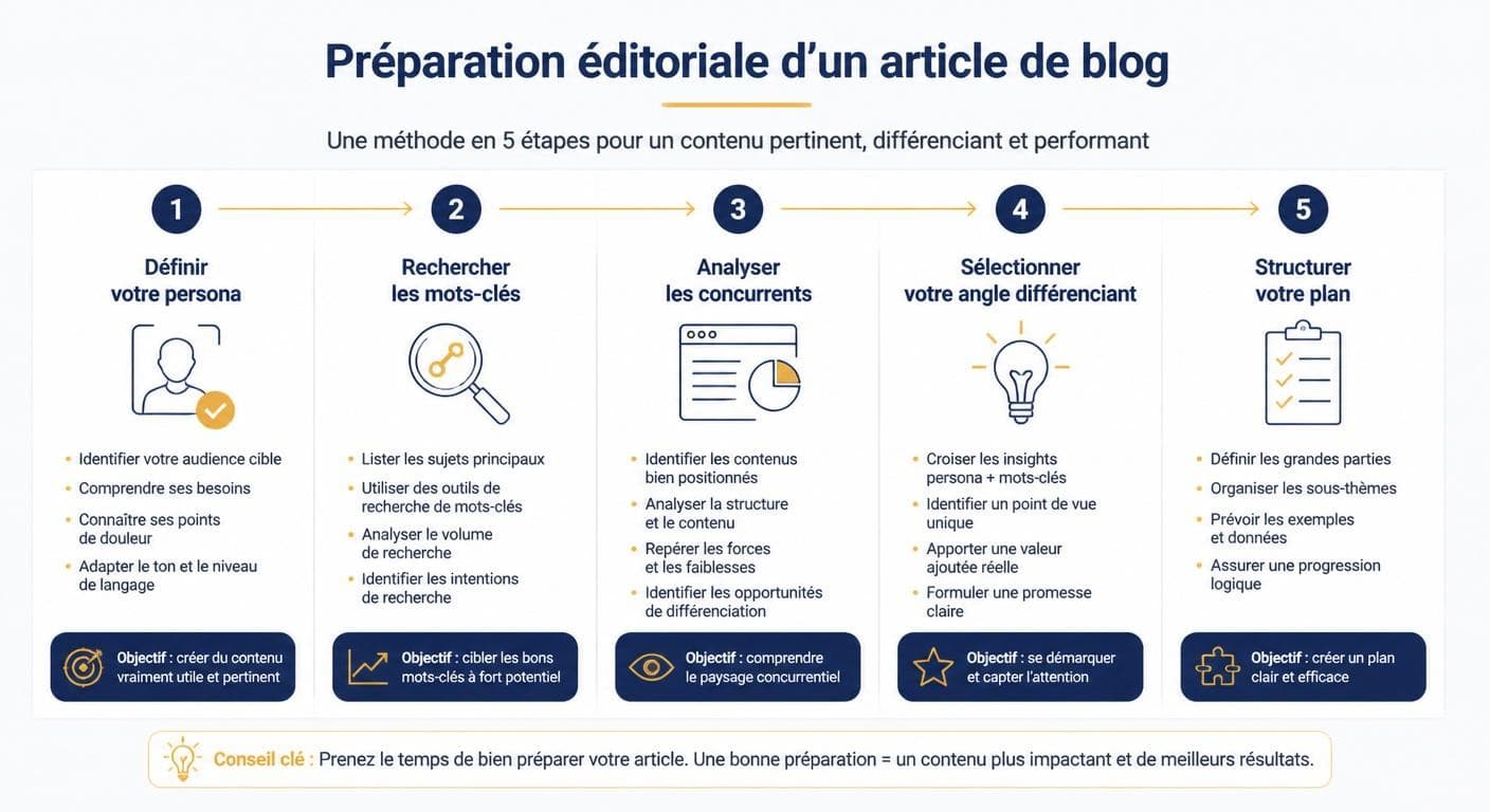 Infographie représentant les quatre étapes de préparation d'un article de blog