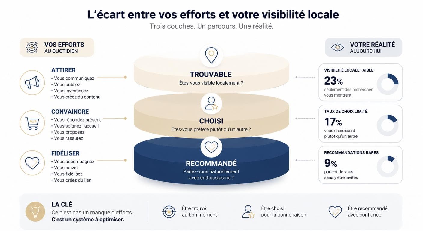 Schéma des trois niveaux de visibilité locale : trouvable, choisi, recommandé
