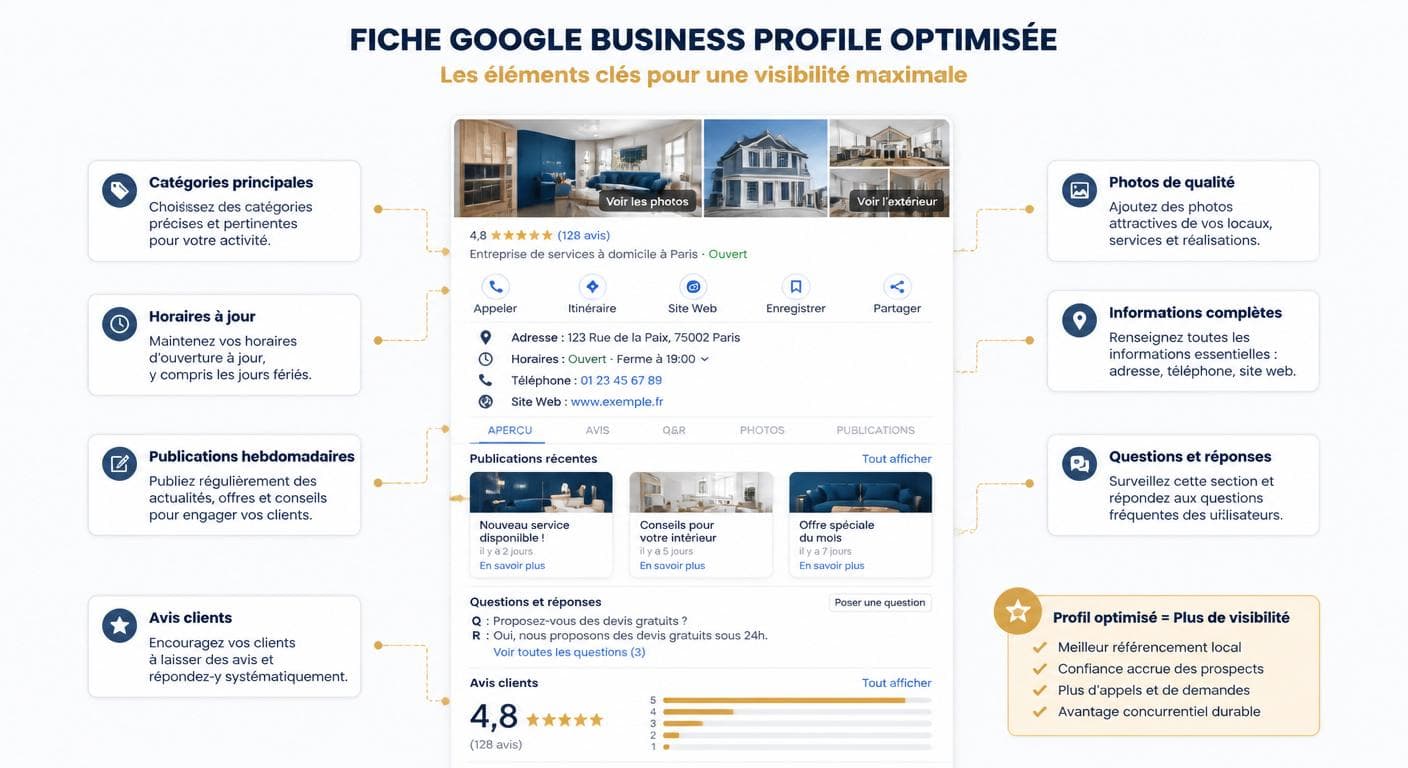 Fiche Google Business Profile optimisée annotée point par point