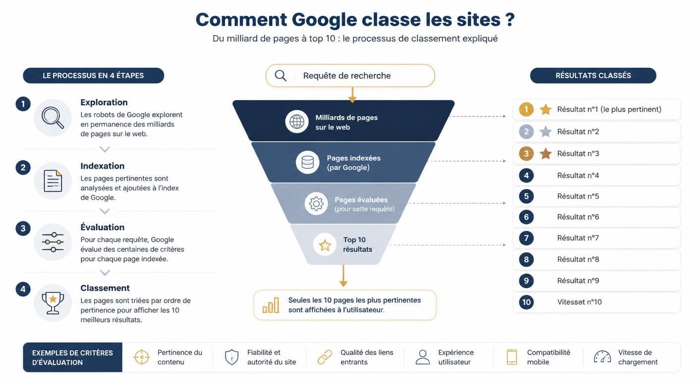 Schéma expliquant comment Google classe les sites dans la page de résultats