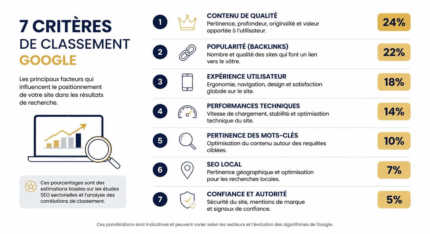 Les sept critères majeurs de classement Google et leur pondération en 2026