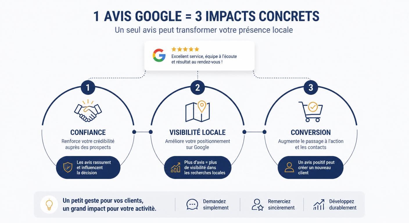 Schéma de l'effet d'un avis Google sur la confiance, la visibilité et la conversion