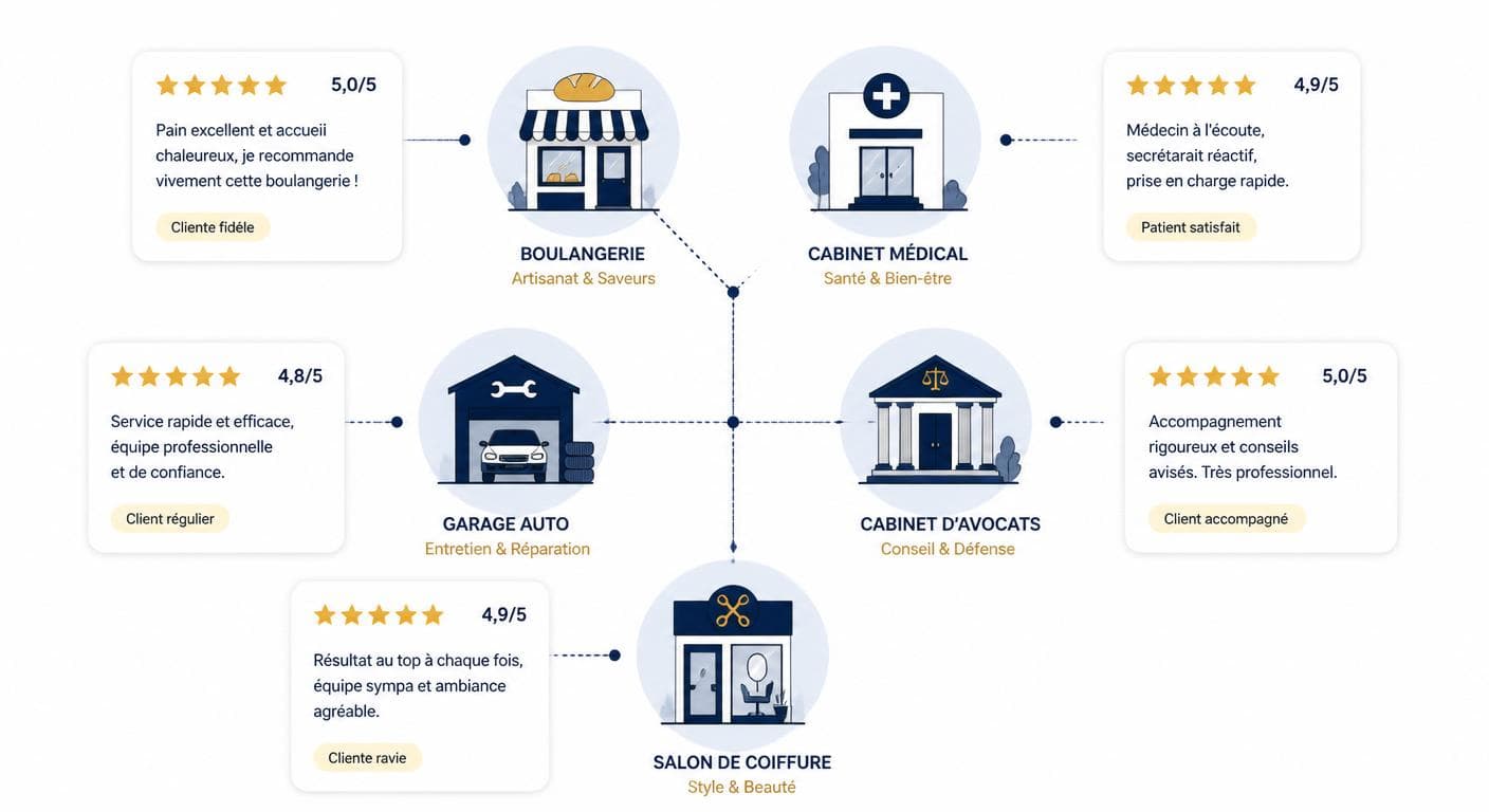 Exemples d'avis Google par métier : boulangerie, médecin, garage, avocat, coiffeur
