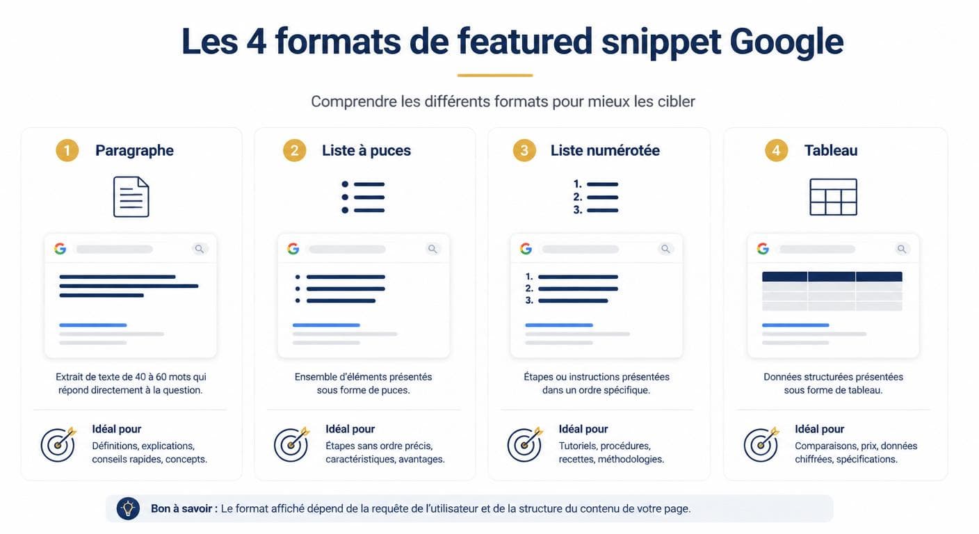 Infographie des quatre formats de position zéro Google