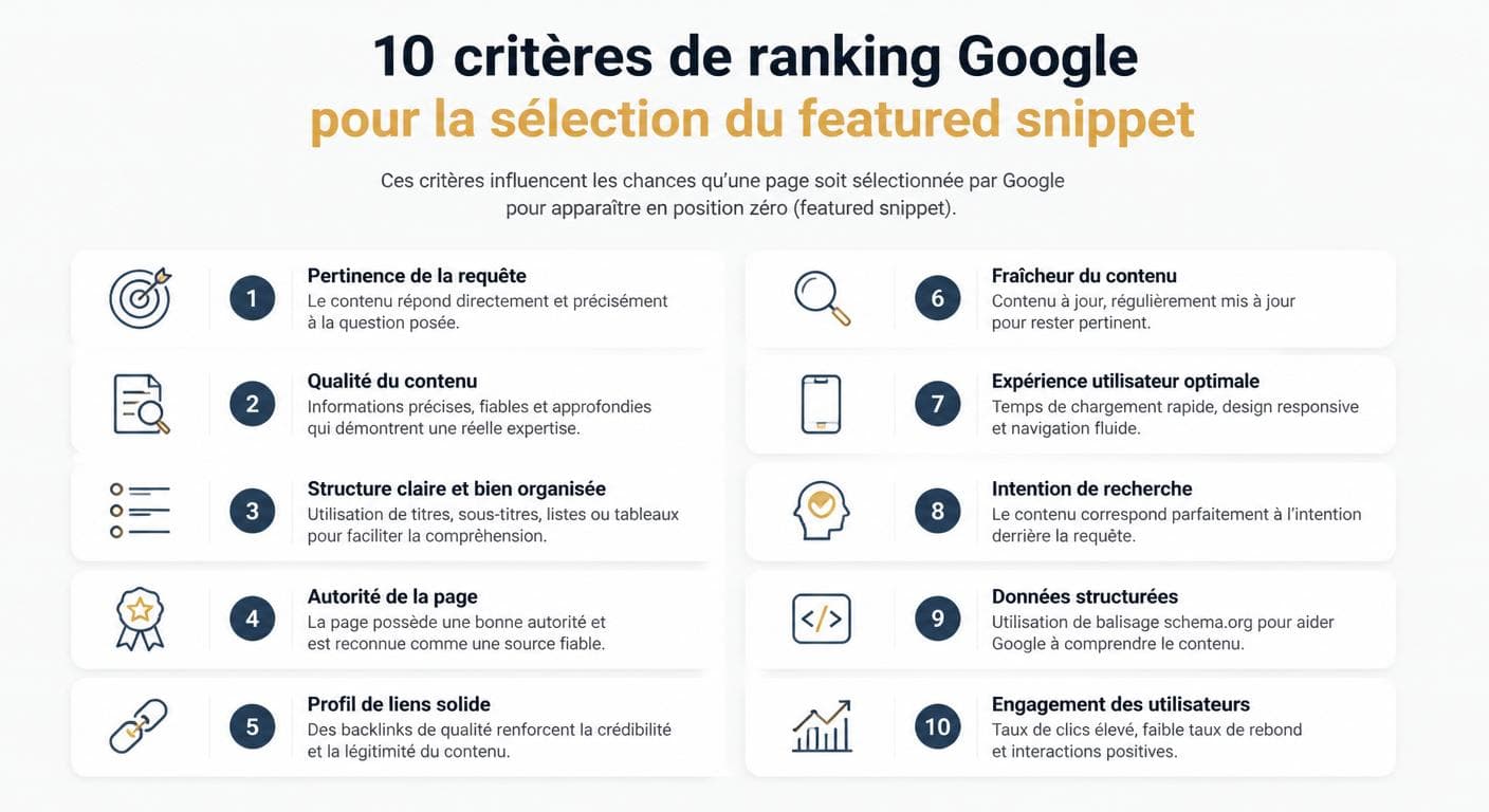 Infographie des 10 critères Google pour obtenir la position zéro