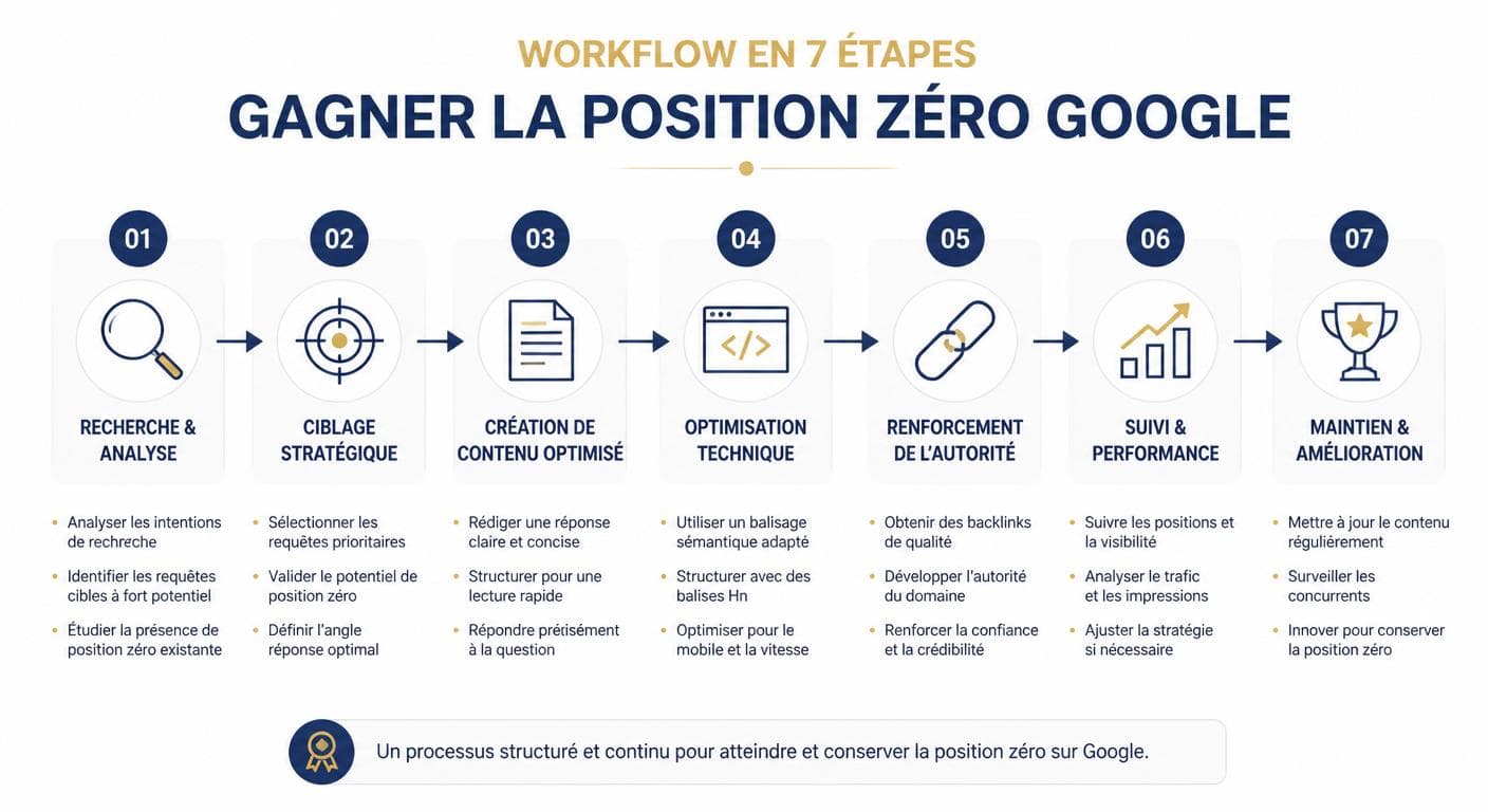 Infographie des 7 étapes pour obtenir la position zéro Google