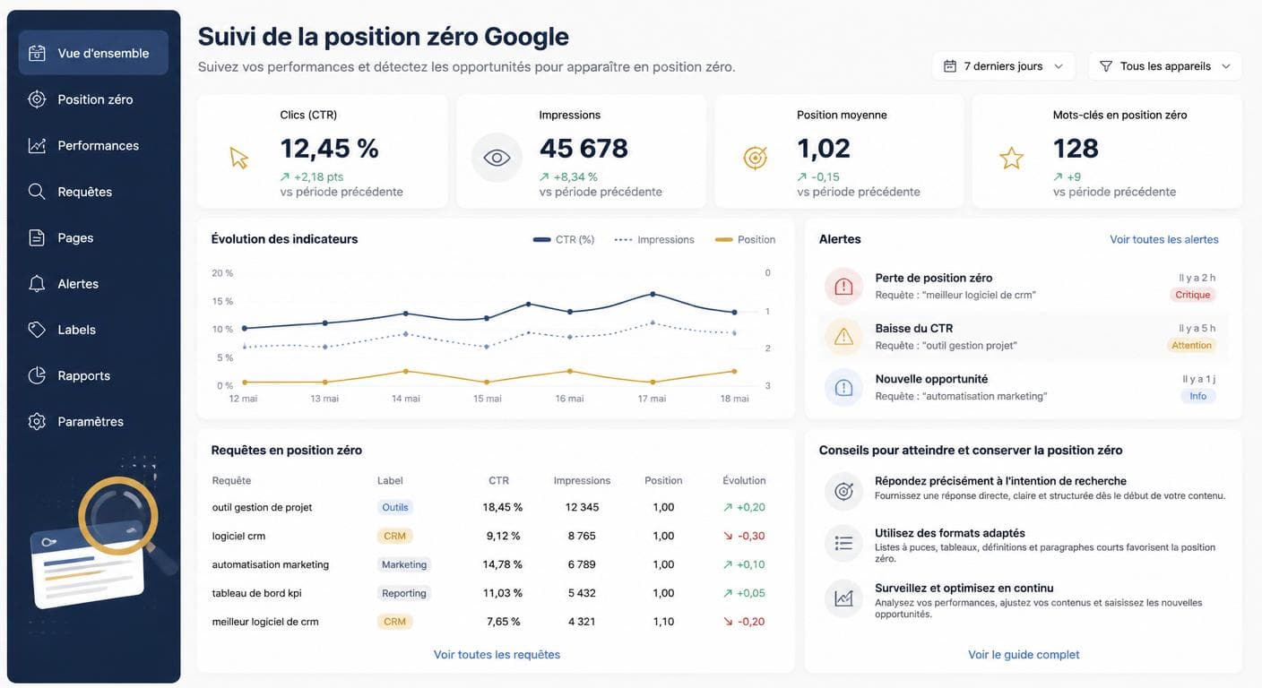 Infographie tableau de bord de suivi de la position zéro