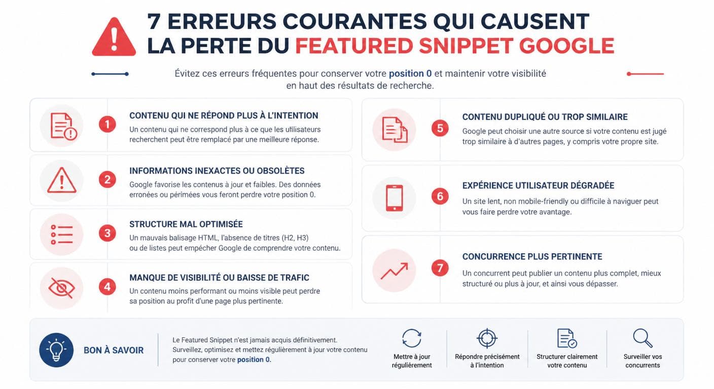 Infographie des 7 erreurs qui font perdre la position zéro Google