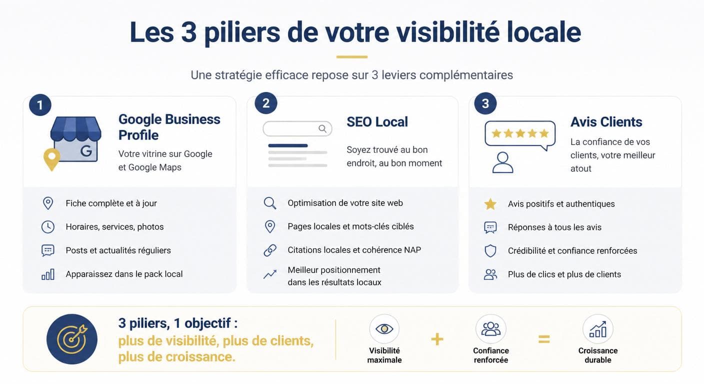 Infographie des trois piliers de la visibilité locale d'une entreprise
